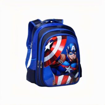 Mochila azul del Capitán América del universo Marvel. Con el héroe en la parte delantera