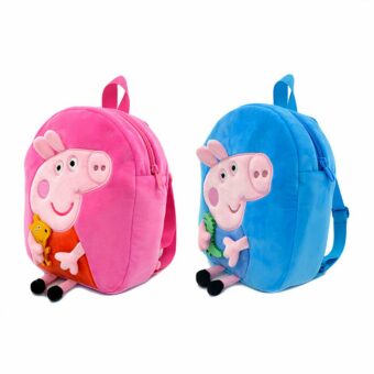2 mochilas infantiles pequeñas con Peppa Pig, una azul y otra rosa, sobre fondo blanco