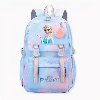 Mochila infantil azul con Elsa, la Reina de las Nieves, y un pompón en la parte delantera.
