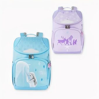 2 mochilas infantiles con la Reina de las Nieves. Una es azul y la otra morada.