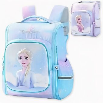 2 mochilas ortopédicas Snow Queen. Una azul, la otra malva sobre fondo blanco
