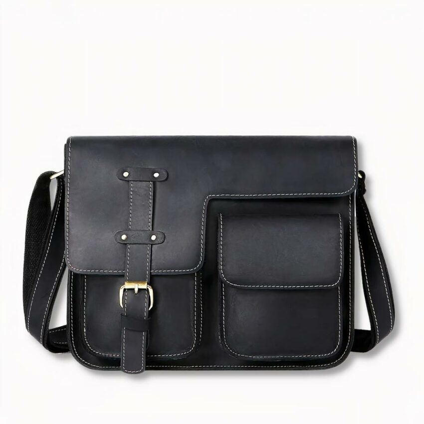 maletín vintage de cuero negro para hombre, sobre fondo gris claro