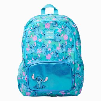 Mochila Stitch con bolsillo azul metalizado sobre fondo blanco.