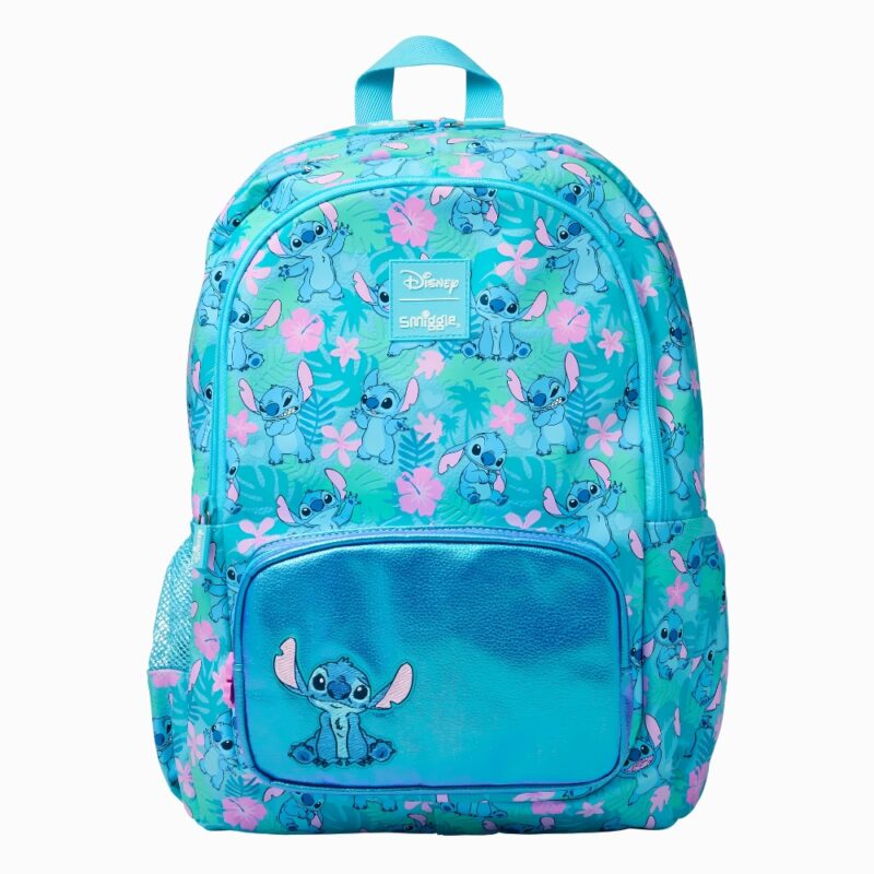 Mochila Stitch con bolsillo azul metalizado sobre fondo blanco.