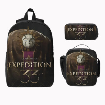 Un ensemble 3 pièces sac à dos Esquie Clair Obscur : Expedition 33 contenant un sac à dos, une lunchbox isotherme et une trousse