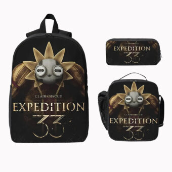 Un ensemble 3 pièces sac à dos illustration Esquie Clair Obscur : Expedition 33 contenant un sac à dos, une lunchbox et une trousse
