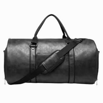 sac de voyage style polochon en similicuir noir, avec une bandoulière en travers, sur fond blanc.