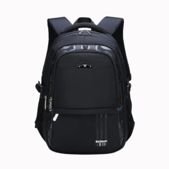 Sac à dos noir pour enfant, avec plusieurs compartiments zippés, vu de face, sur fond neutre.