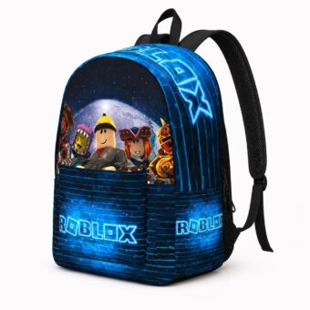 Mochila Roblox con logo de neón azul, vista frontal
