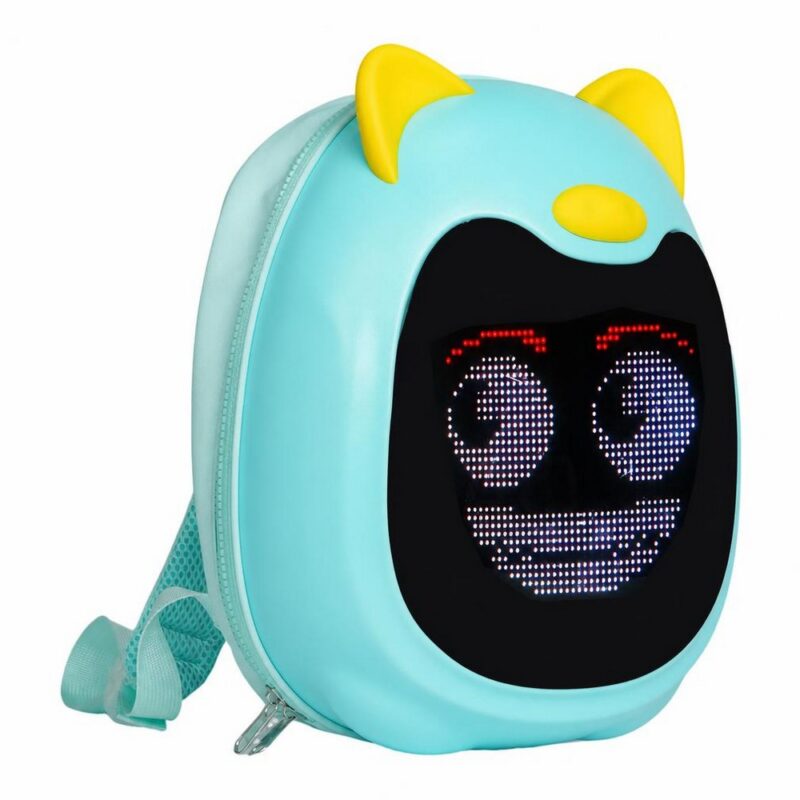 Un sac à dos LED enfant écran personnalisable et étanche bleu clair avec un visage lumineux, des oreilles jaunes et des bretelles, posé sur fond blanc.