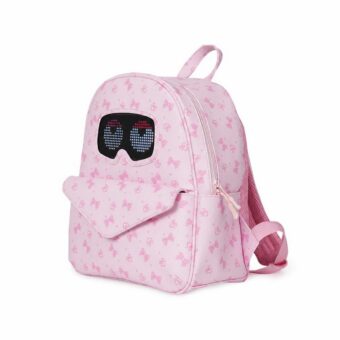 Un sac à dos LED enfant rose avec des yeux animés, en forme de petit sac rose à motifs de papillons, avec un affichage lumineux devant et des bretelles pour le dos.