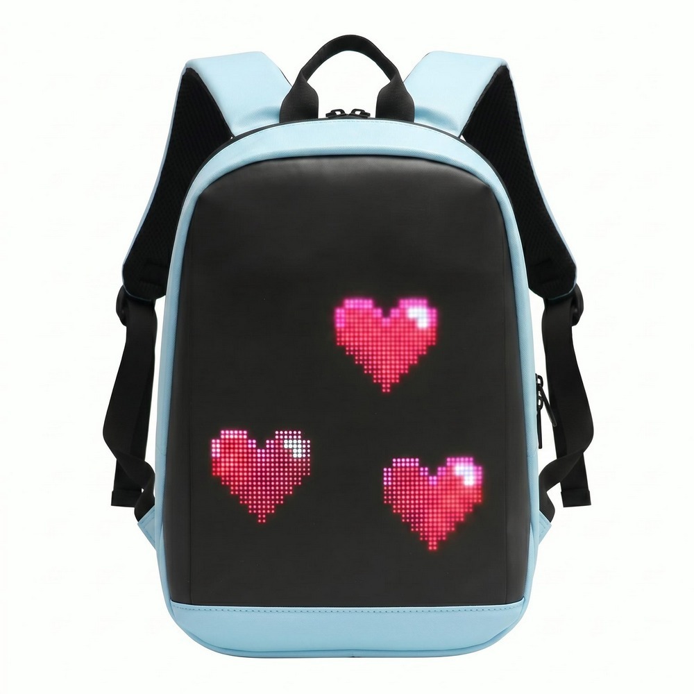 Un sac à dos LED pour enfant avec écran personnalisable bleu clair et noir, affichant trois cœurs roses lumineux sur l’avant.