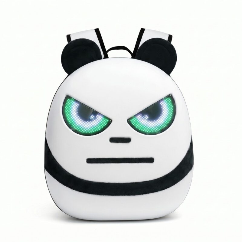 Un sac à dos LED pour enfant en forme de panda blanc et noir, avec de grandes oreilles rondes, des yeux lumineux verts et bleus, posé sur fond blanc.