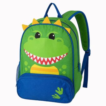 Mochila de dinosaurio verde para niño, vista frontal