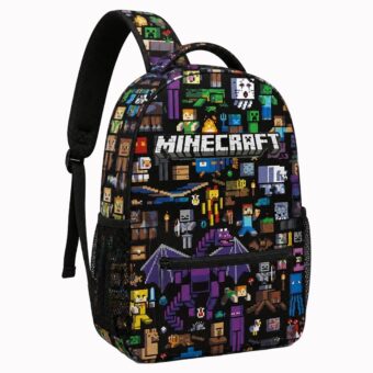 Mochila Minecraft con personajes pixelados, vista frontal
