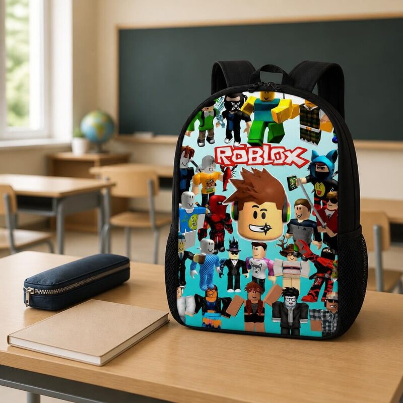 Mochila Roblox con avatares, vista lateral