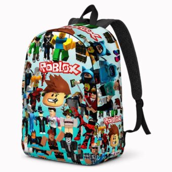 Mochila Roblox con collage de personajes, vista frontal