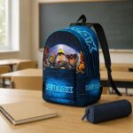Mochila Roblox con logo de neón azul, vista lateral