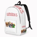Mochila Roblox con logo rojo y personajes alineados, vista frontal