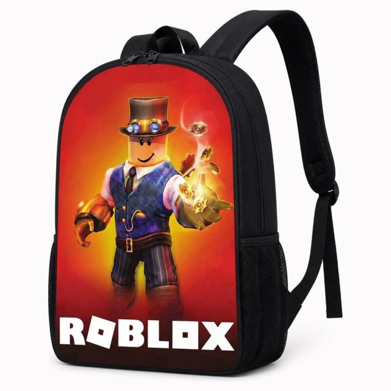 Mochila Roblox con personaje steampunk al estilo mago, vista frontal