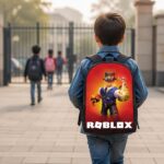 Mochila Roblox con personaje steampunk al estilo mago, detalle del estampado