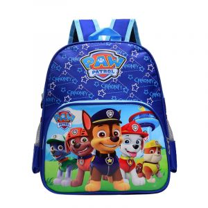 Mochila para niños con motivos de la Patrulla Canina. La mochila es azul y en ella aparecen Chase, Marcus, Ruben y Stella.