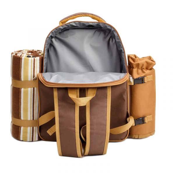 Una mochila nevera de picnic apollo walker para 4 personas con compartimento refrigerador, portabotellas/vinatero extraíble, manta de forro polar, platos y cubiertos