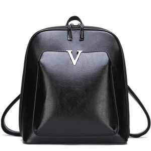 Pequeña mochila vintage en V negra con fondo blanco