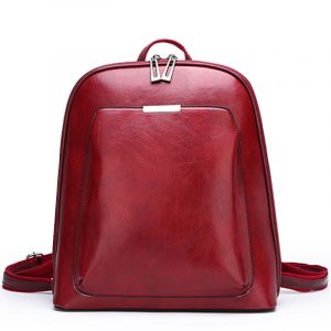 Pequeña mochila vintage en polipiel roja con fondo blanco