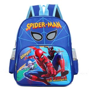 Mochila escolar Spiderman y sus amigos azul con fondo blanco