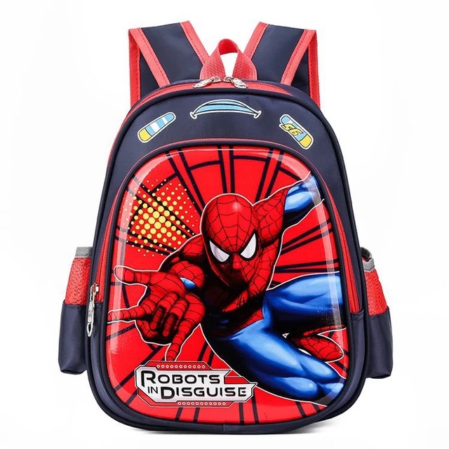 Divertida mochila escolar Spiderman azul y roja con fondo blanco