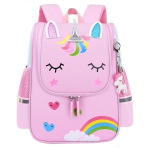 Mochila unicornio rosa para niñas con diseño frontal y bolsillos laterales