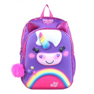 Mini mochila unicornio multicolor para niñas en morado y rosa con fondo blanco