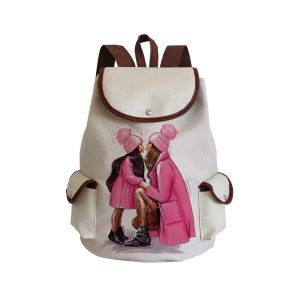 Mochila de lino con diseño de madre e hija y bolsillos laterales
