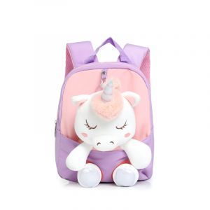 Bonita mochila de unicornio morado y rosa para niñas con fondo blanco